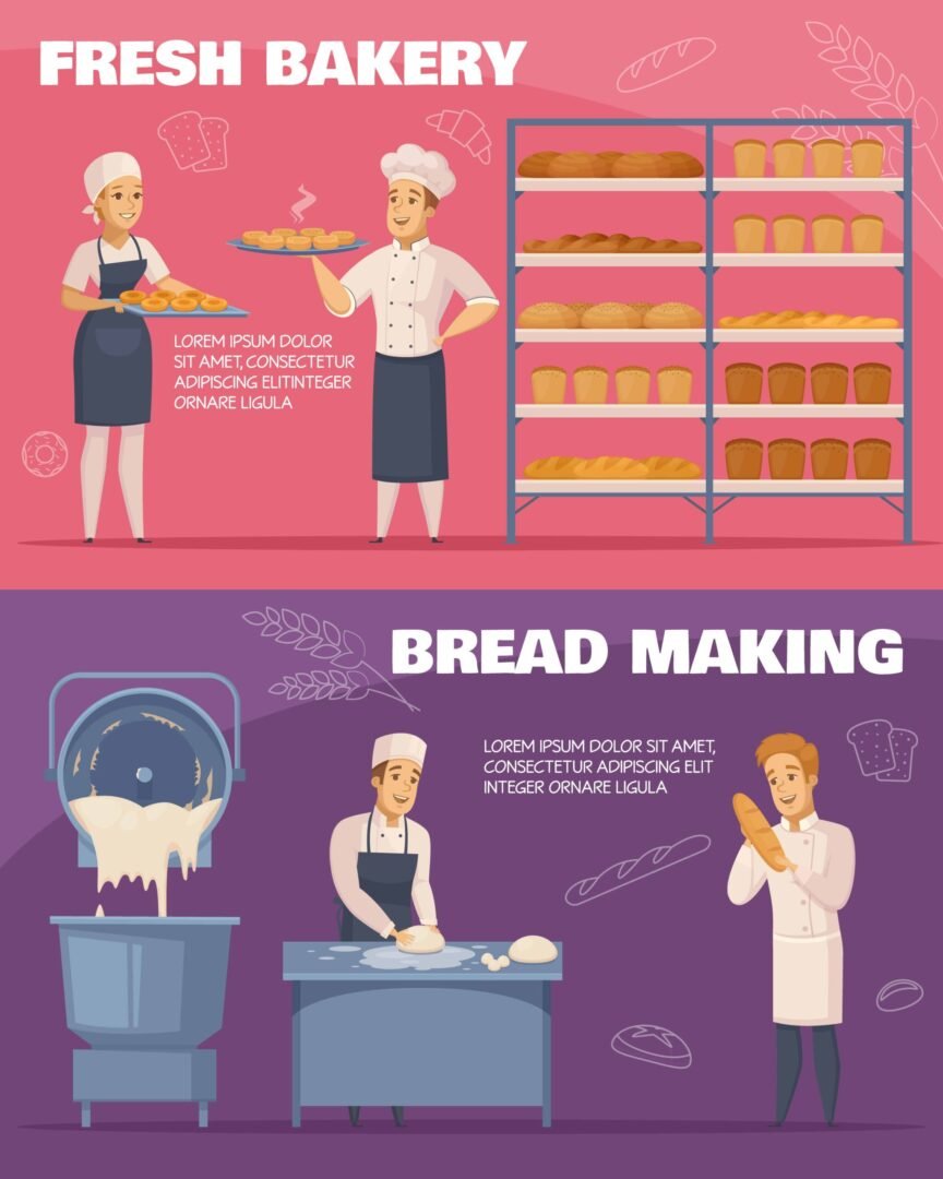 Two banners of bakers and their products