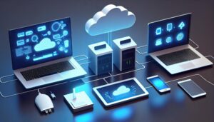 A table with several laptops and other electronic devices.