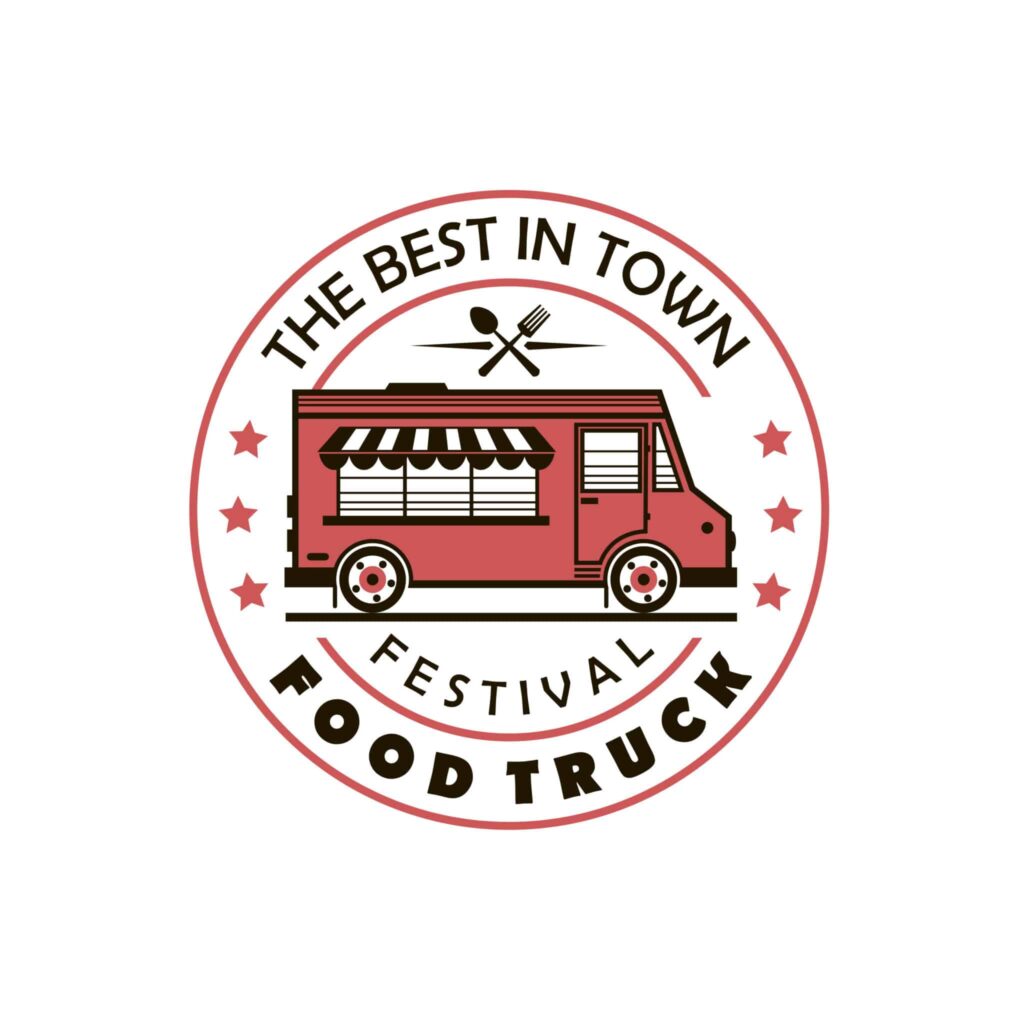 A red food truck with the words " best in town festival " on it.