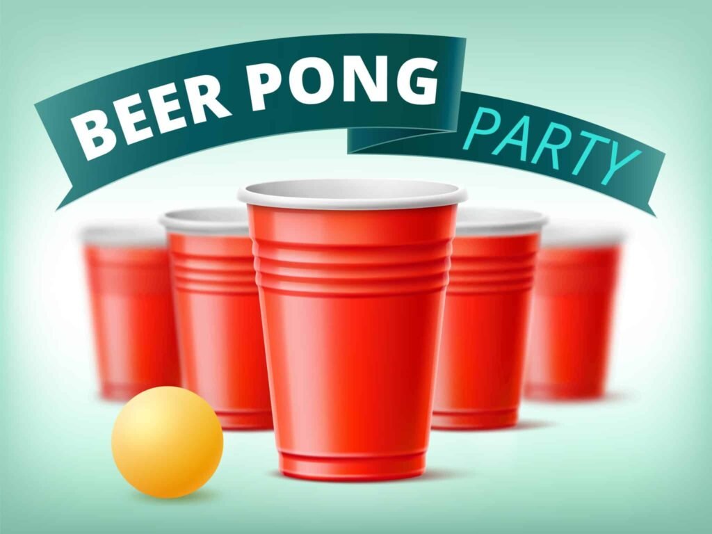A group of red cups with beer pong party banners on them.