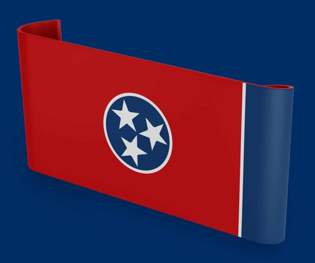 A flag of tennessee is shown on the side of a blue wall.