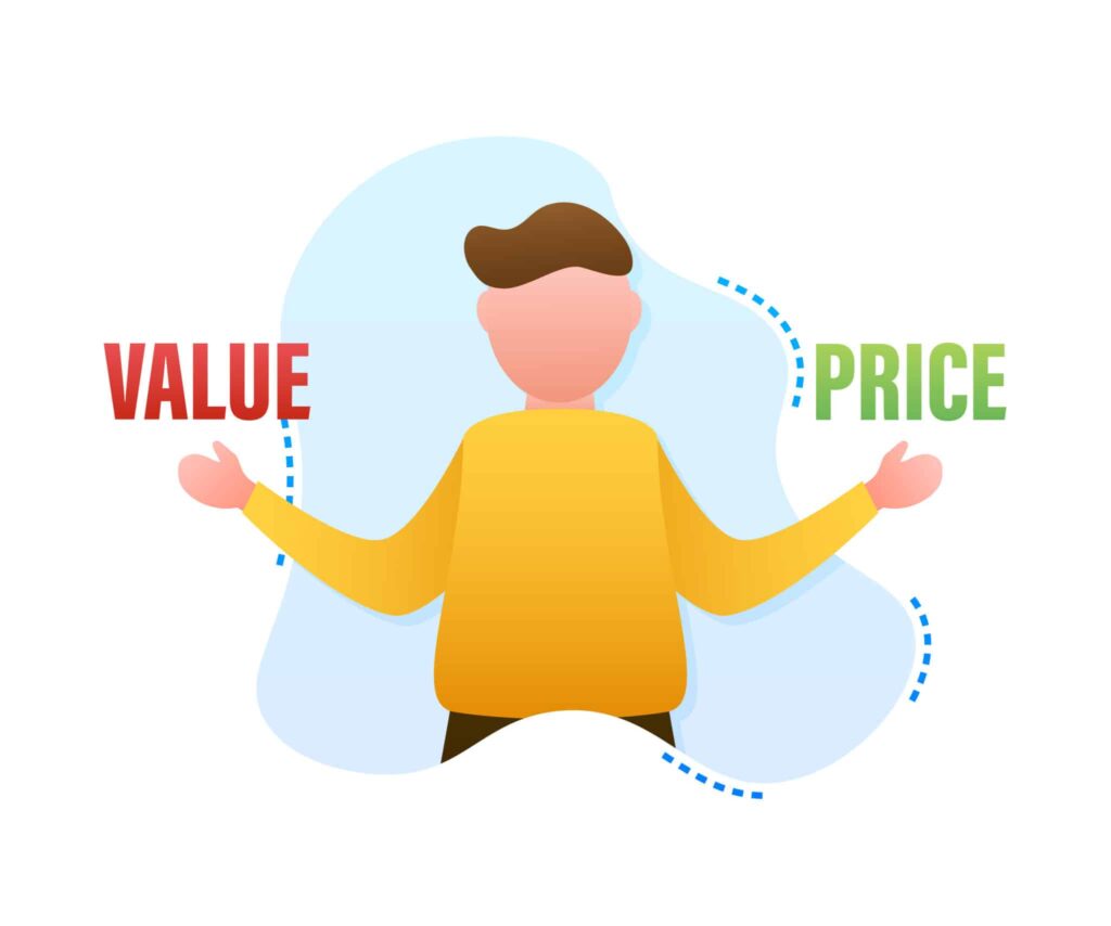 A person holding two hands with the words value and price on them.