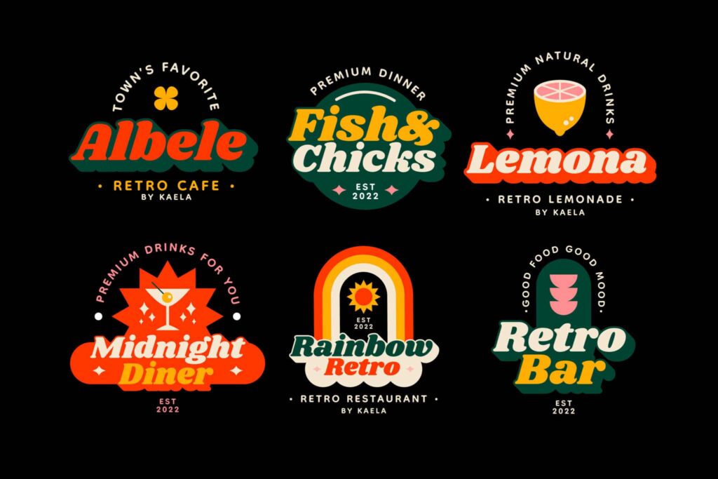 A series of retro logos with different colors.