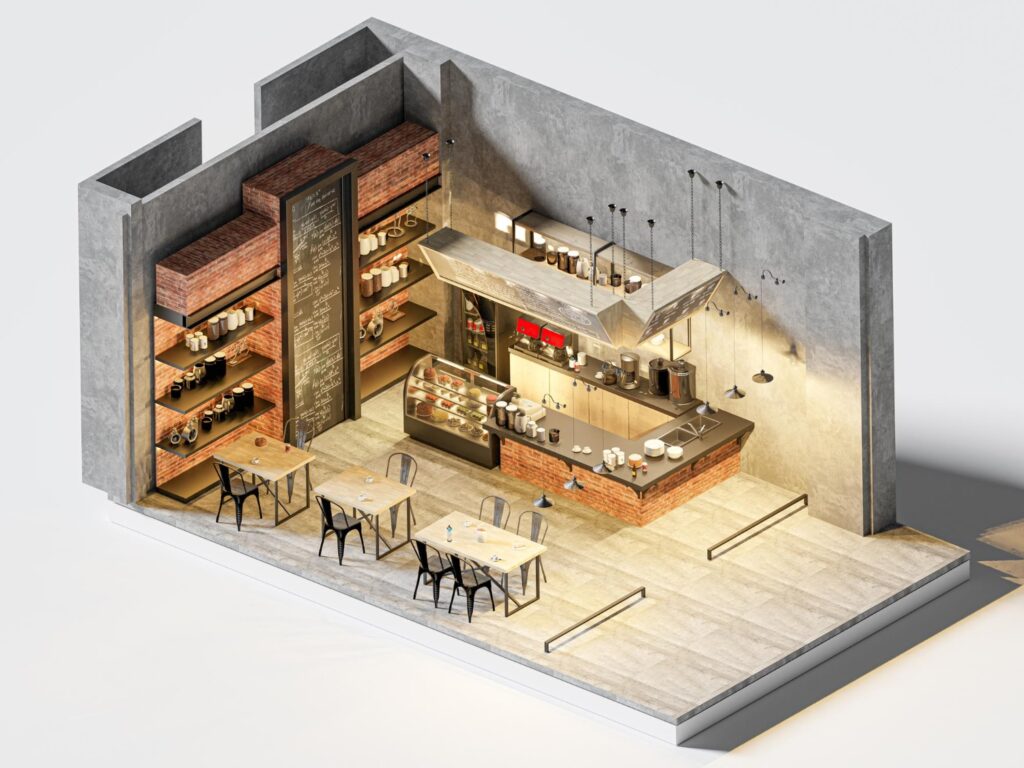 A 3 d rendering of the interior of a restaurant.