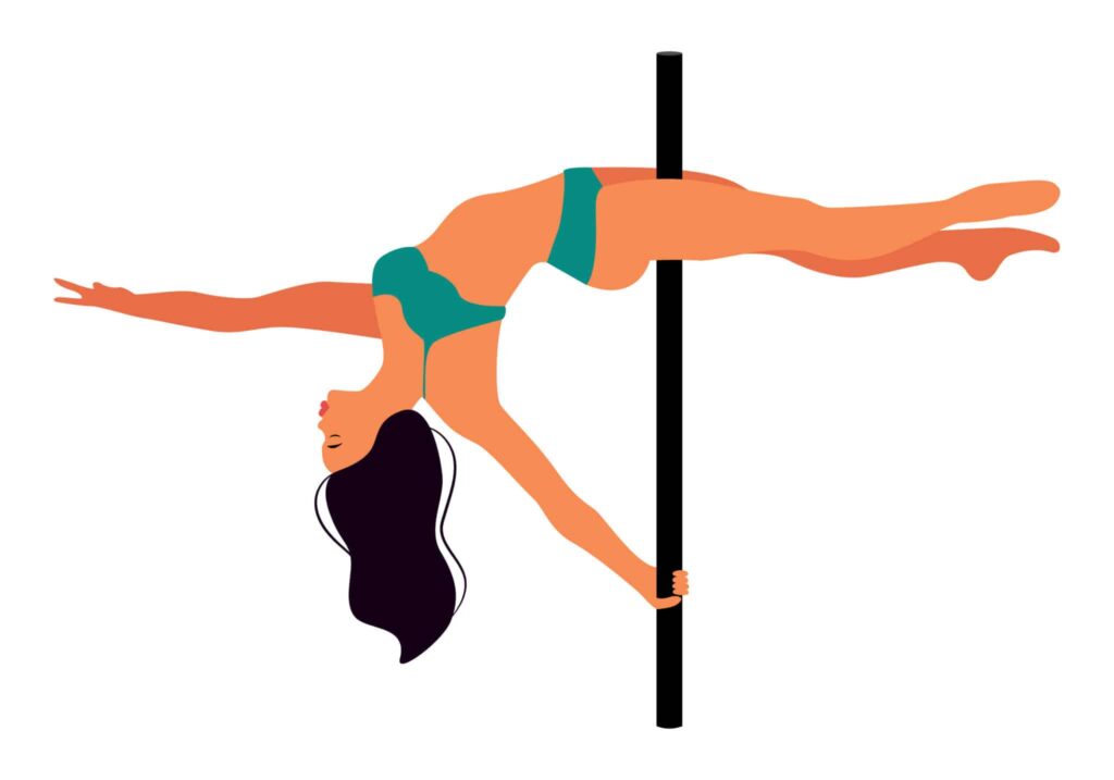 A woman in a bikini is doing a trick on a pole