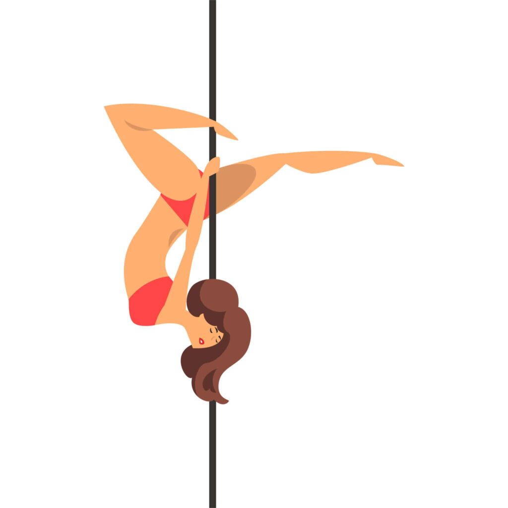 A woman in red bikini hanging on to a pole.