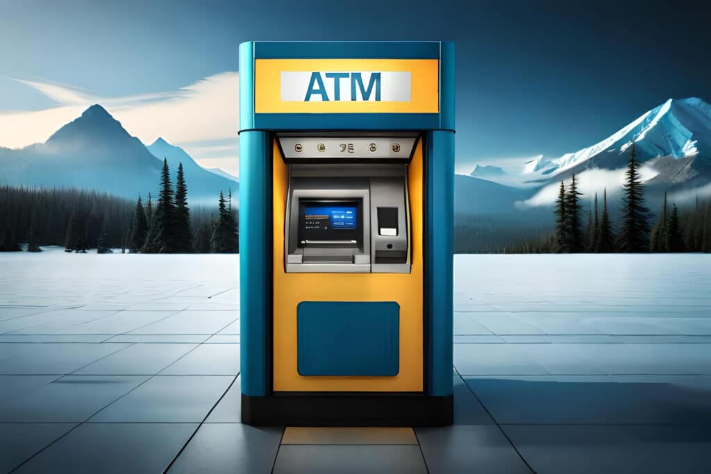A blue and yellow atm machine on the sidewalk.