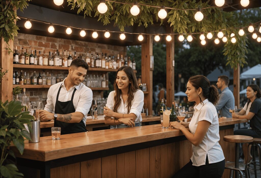 A group of people standing at the bar