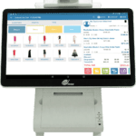 A tablet computer with an image of a store on the screen.