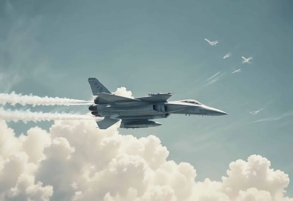 A fighter jet flying through the sky with smoke coming from it.