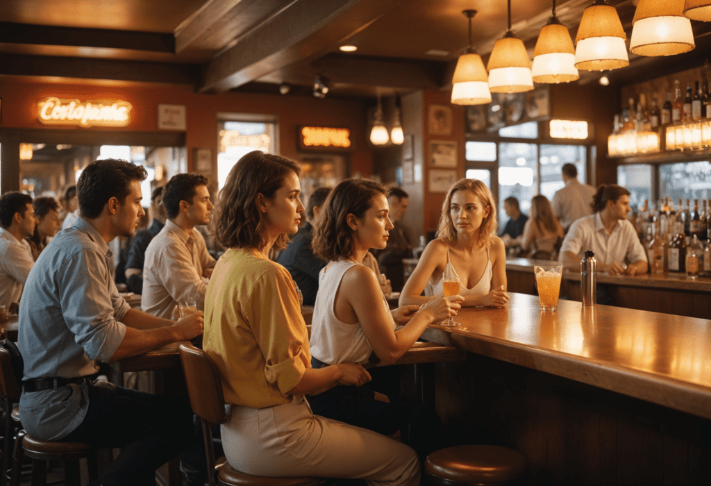 A group of people sitting at the bar