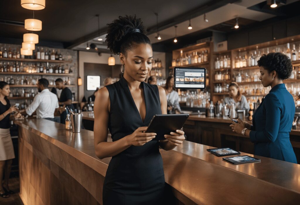 A woman standing at the bar holding her tablet.