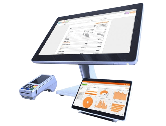 A tablet computer and a cell phone are on display.