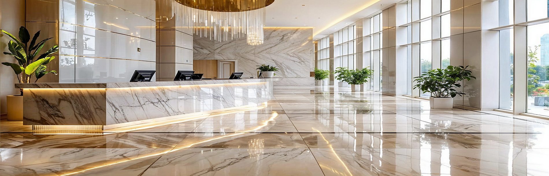 Here's an alt tag for the image: Elegant hotel lobby with marble floors.