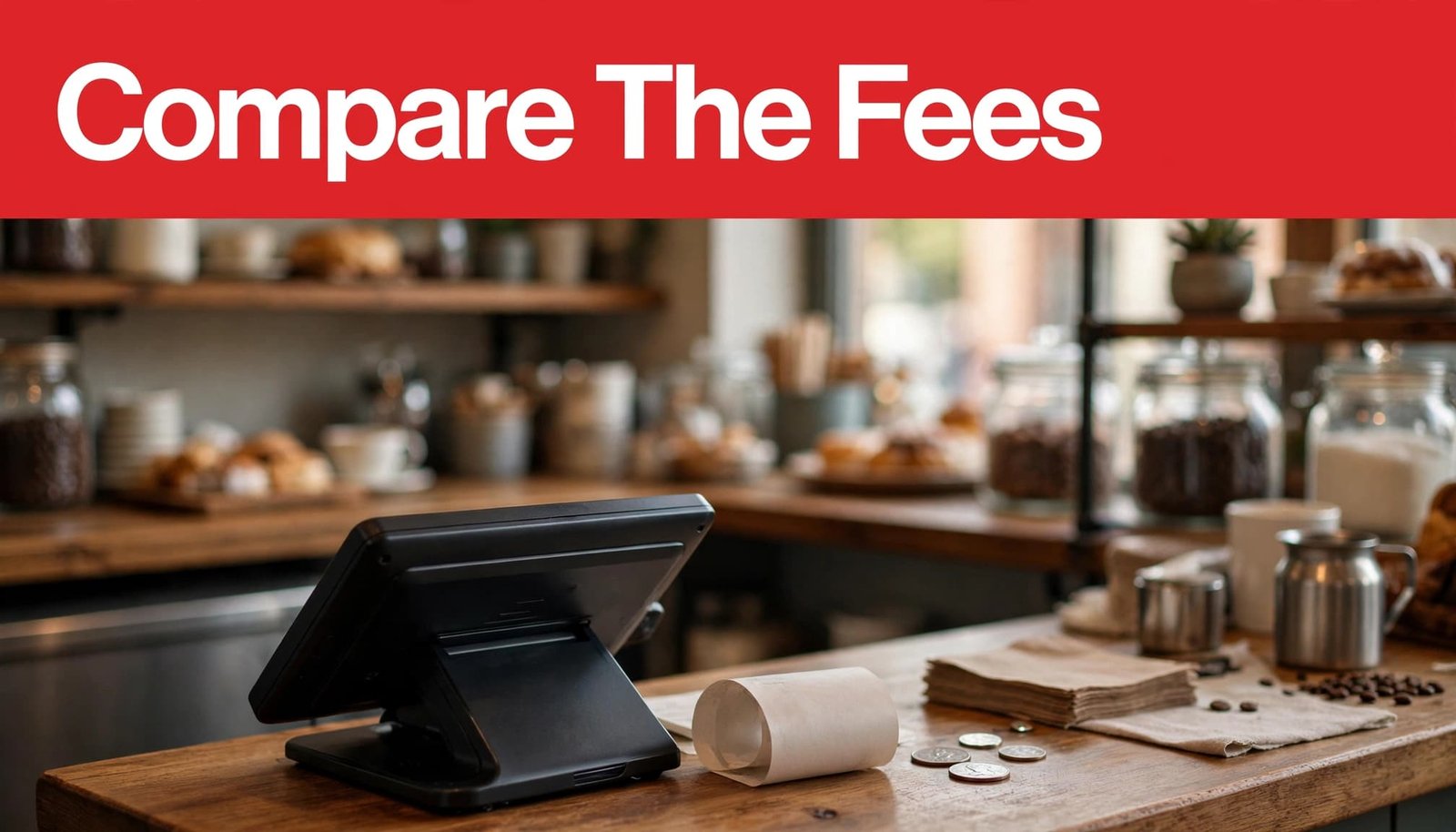 A card terminal, receipt, and coins sit on a cafe counter beneath a red headline.