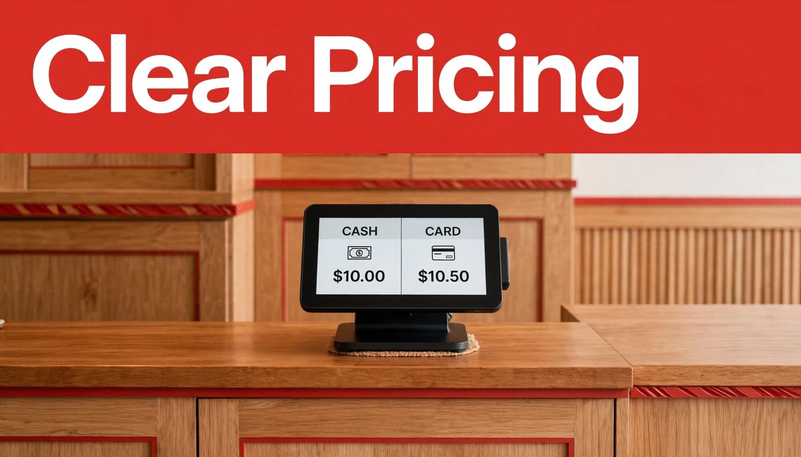 POS terminal showing two pricing options on a warm wood restaurant counter.