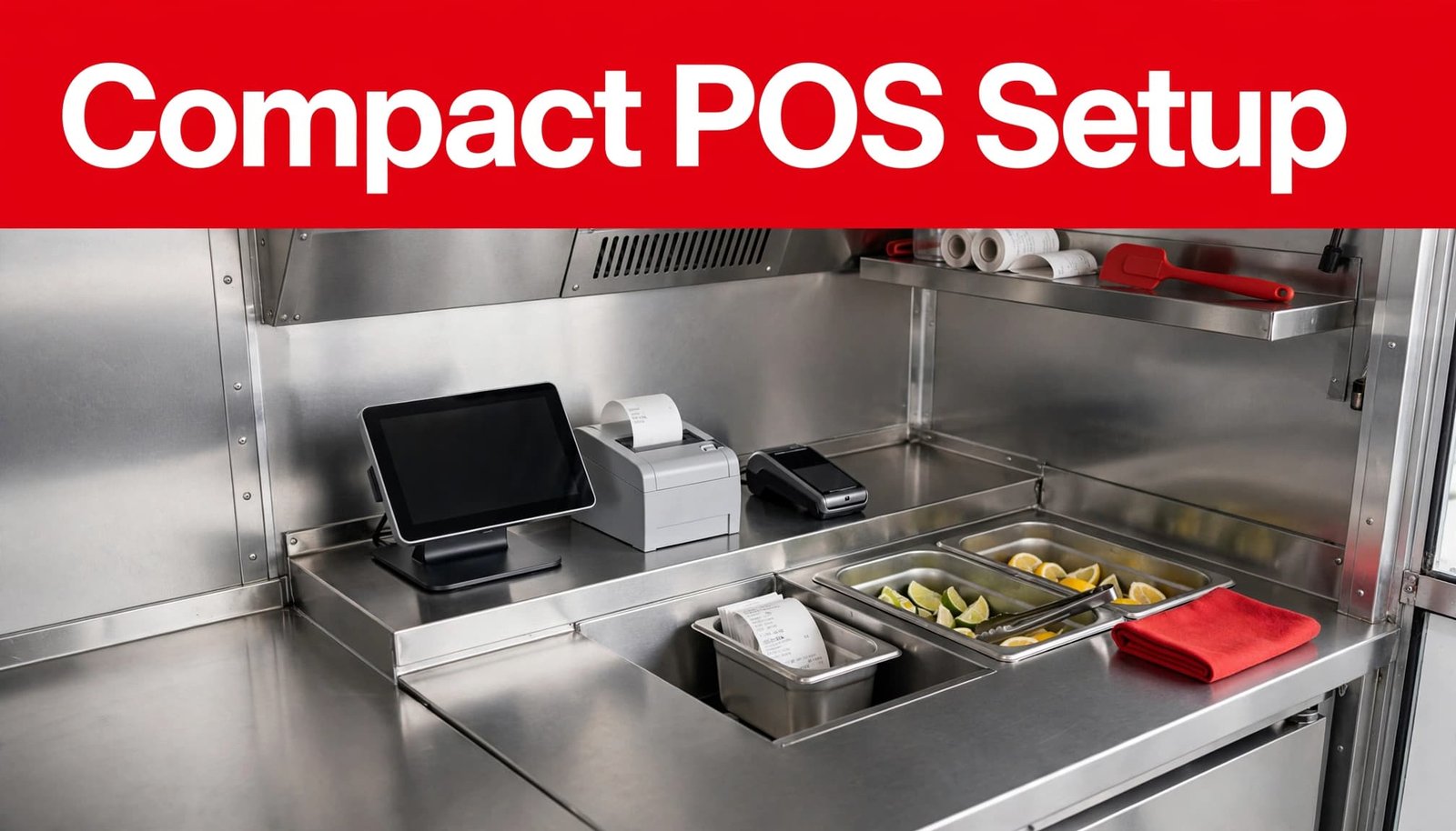 Compact card reader, touchscreen terminal, and receipt printer on a food truck counter.