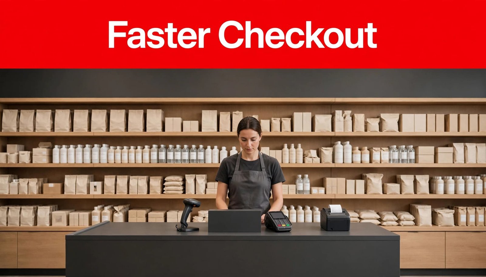 Cashier at a retail counter with a scanner, payment terminal, printer, and products.