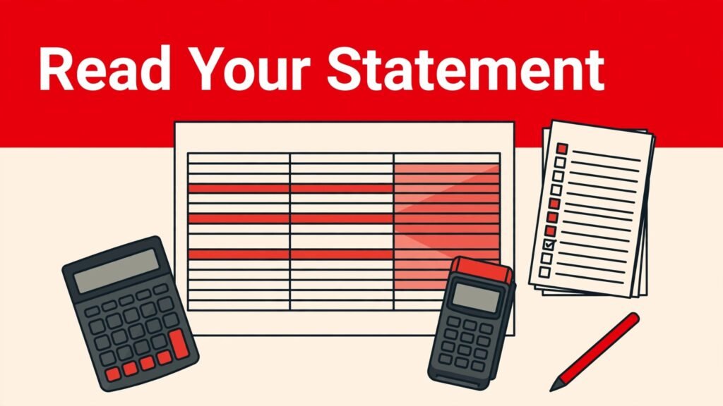 Merchant services statement beside a calculator, payment terminal, pen, and reconciliation notes.