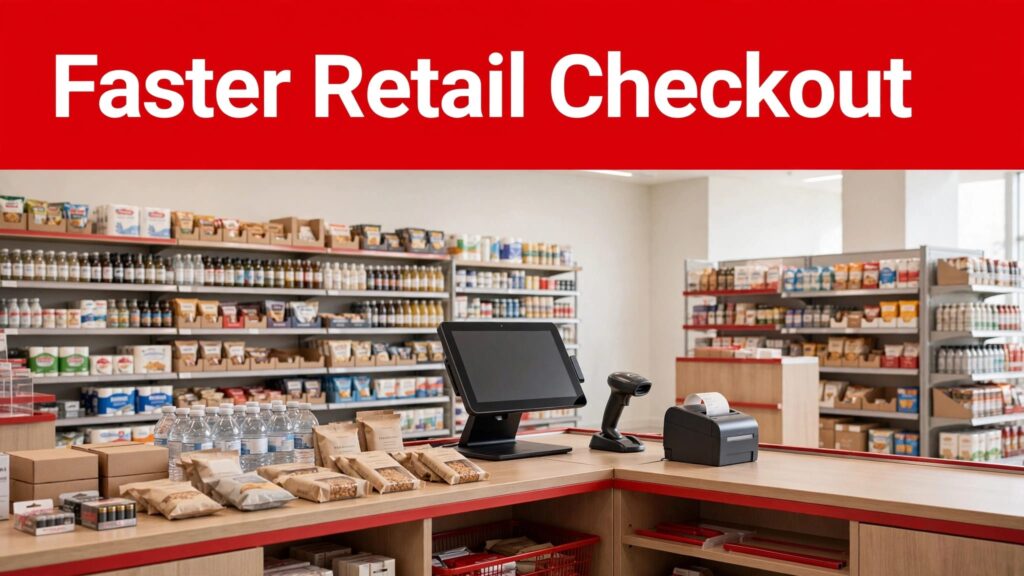 Modern retail counter with a touchscreen register, scanner, receipt printer, and stocked shelves.