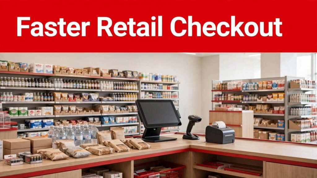 Modern retail counter with a touchscreen register, scanner, receipt printer, and stocked shelves.
