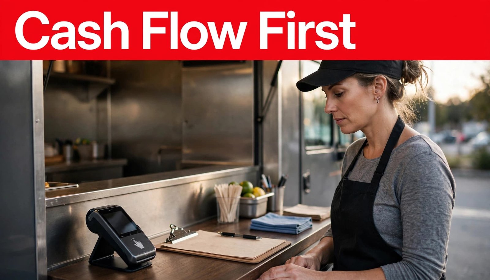 Food truck operator reviewing sales beside a card terminal and clipboard.