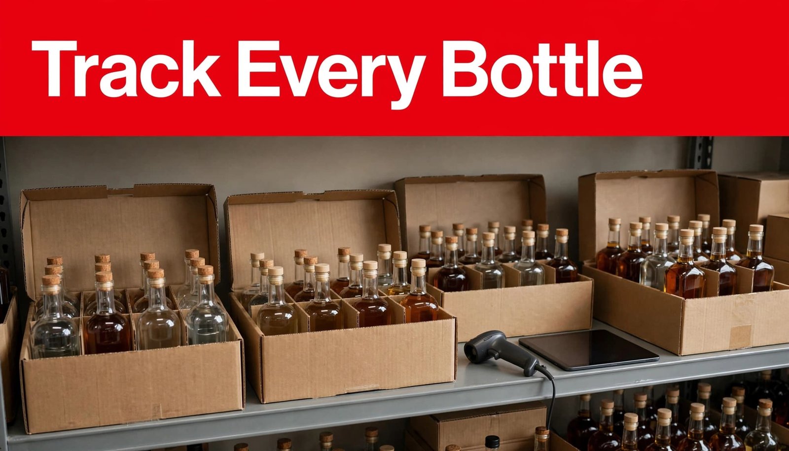 Liquor bottles and shipping cases sit beside a barcode scanner and tablet in a stockroom.