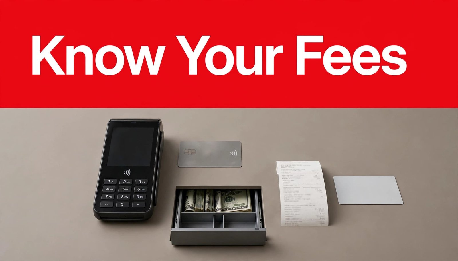 Card terminal, contactless card, cash drawer, and receipt arranged on a retail counter.