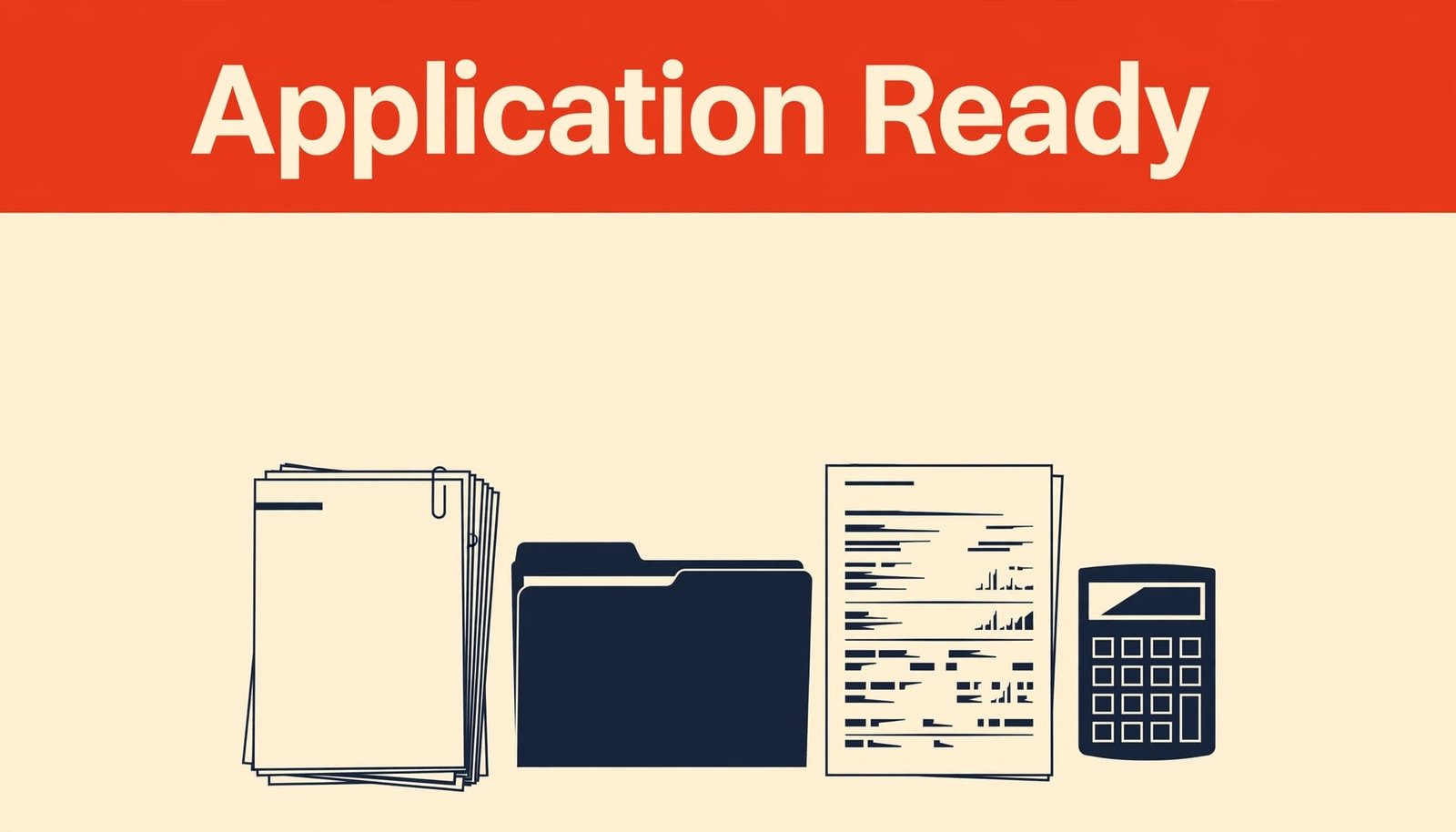 Business records, a closed folder, a statement sheet, and a calculator sit on a cream background.