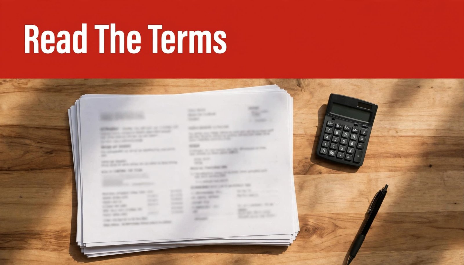 A contract, pen, and calculator sit on a counter beneath a red headline strip.