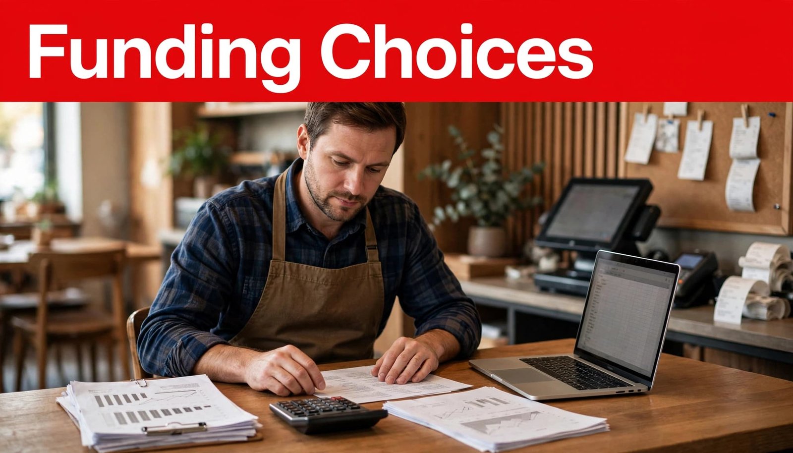 Restaurant owner compares funding papers beside a calculator and laptop.