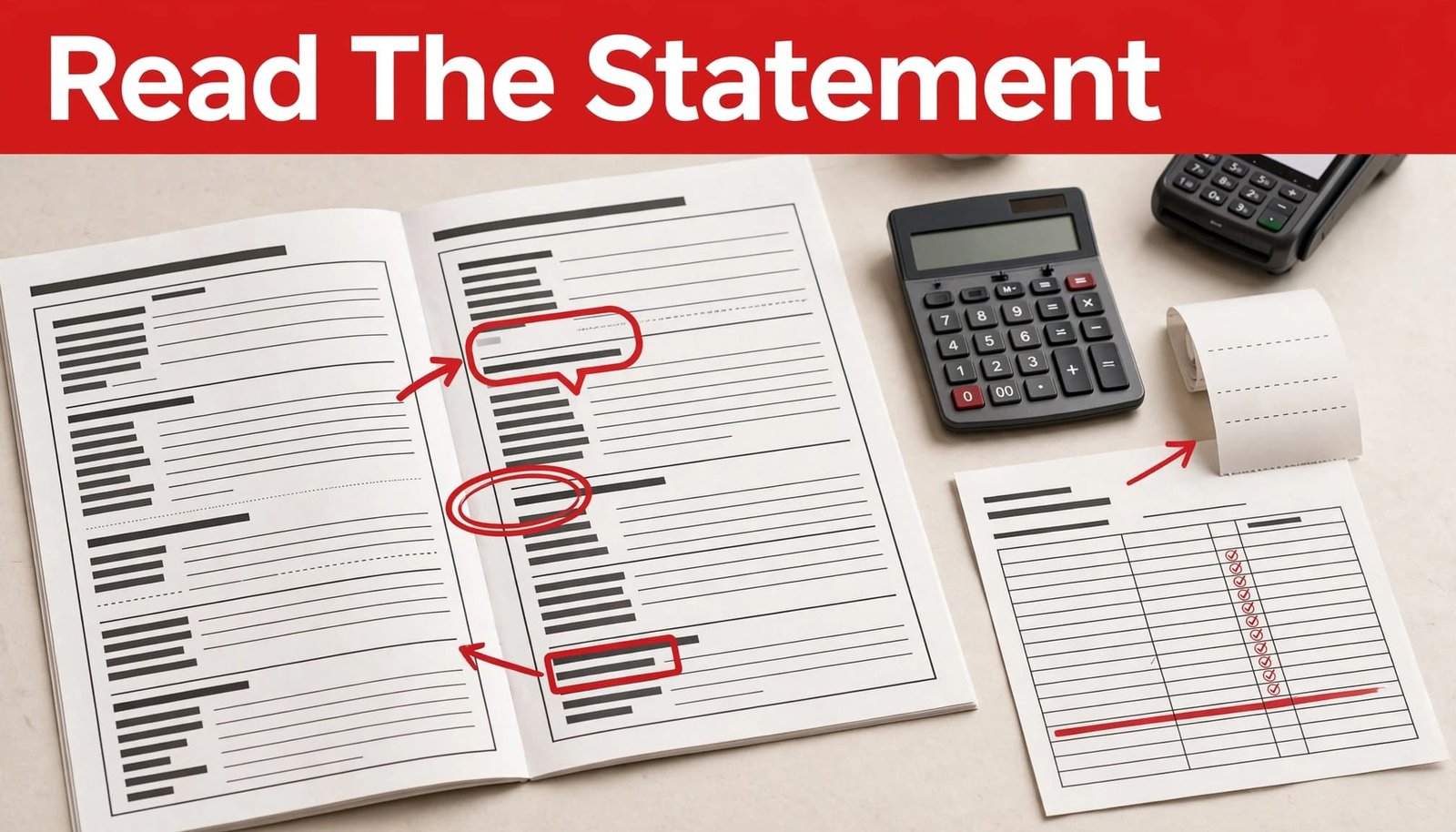Merchant statement pages beside a calculator and reconciliation worksheet with highlighted fees.