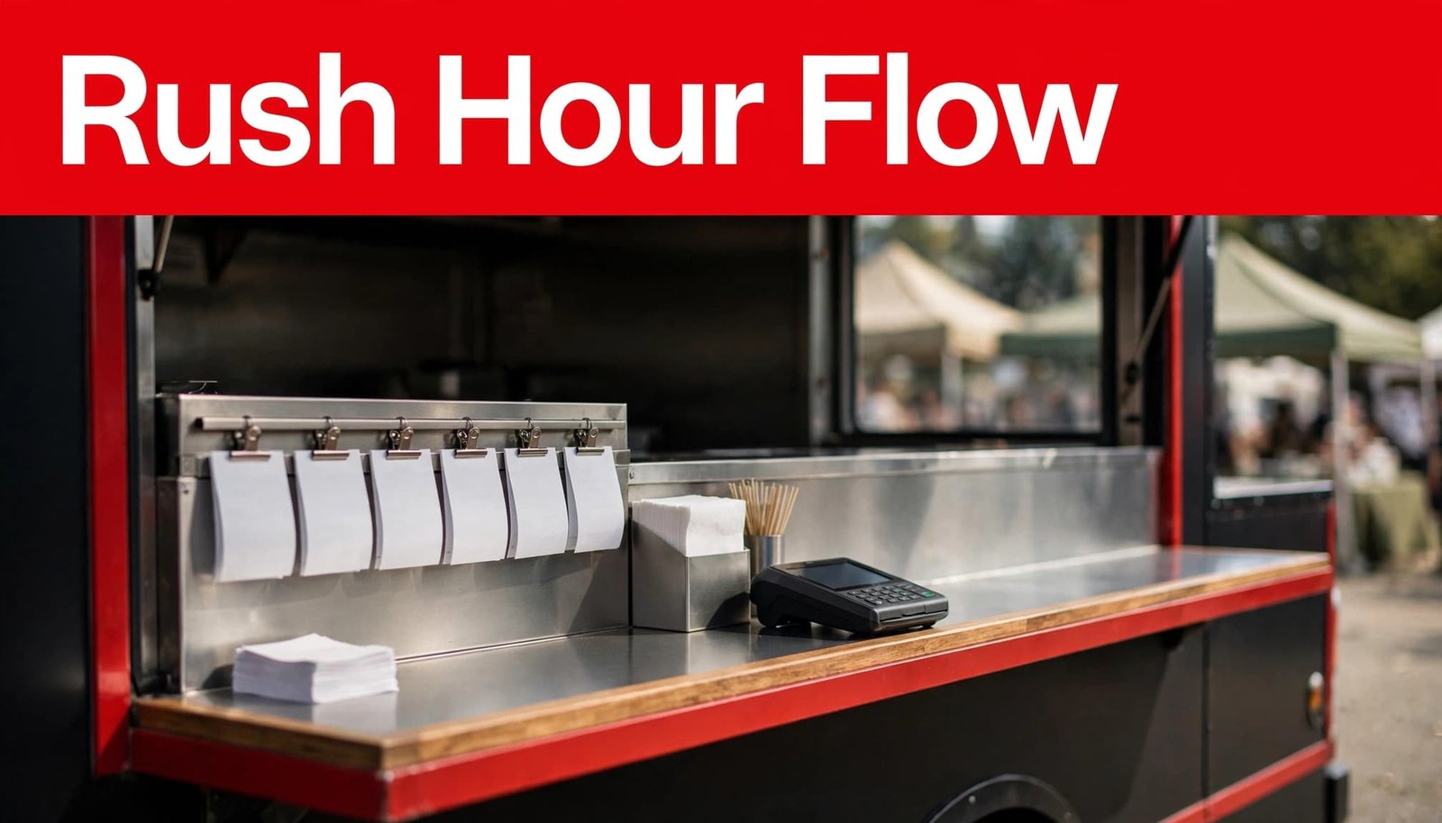 A handheld POS device sits beside order tickets at a busy food truck window.