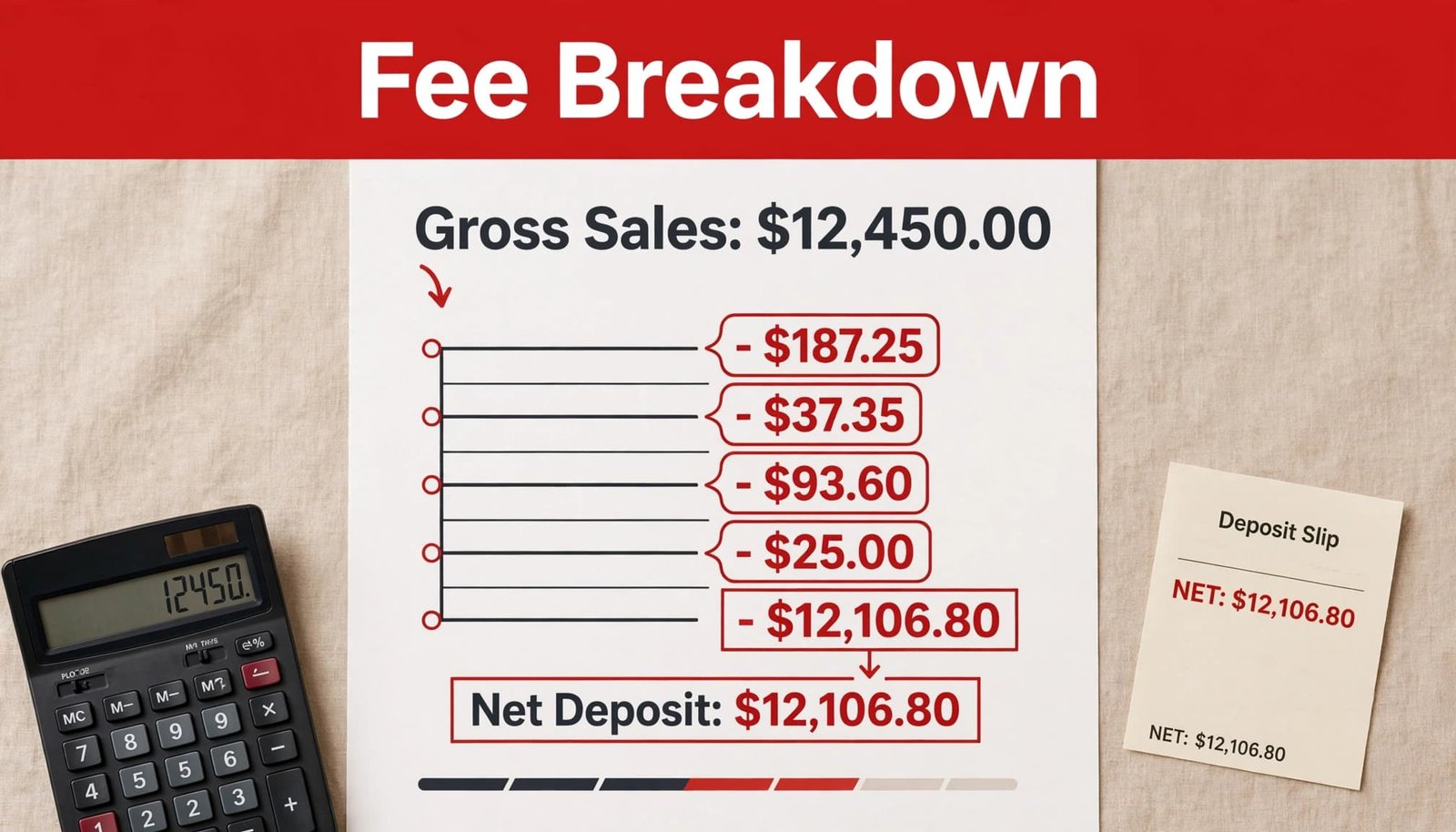 Infographic showing payment fees, a calculator, and a deposit slip on a bookkeeping desk.