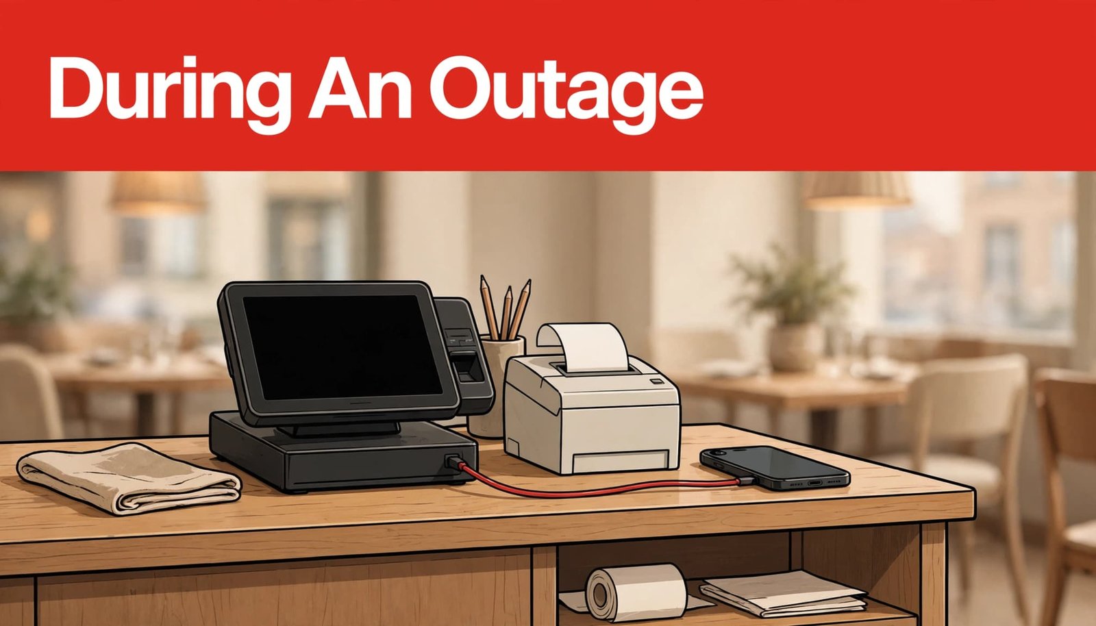 A POS terminal, receipt printer, and mobile phone sit on a restaurant counter beneath a red headline band.