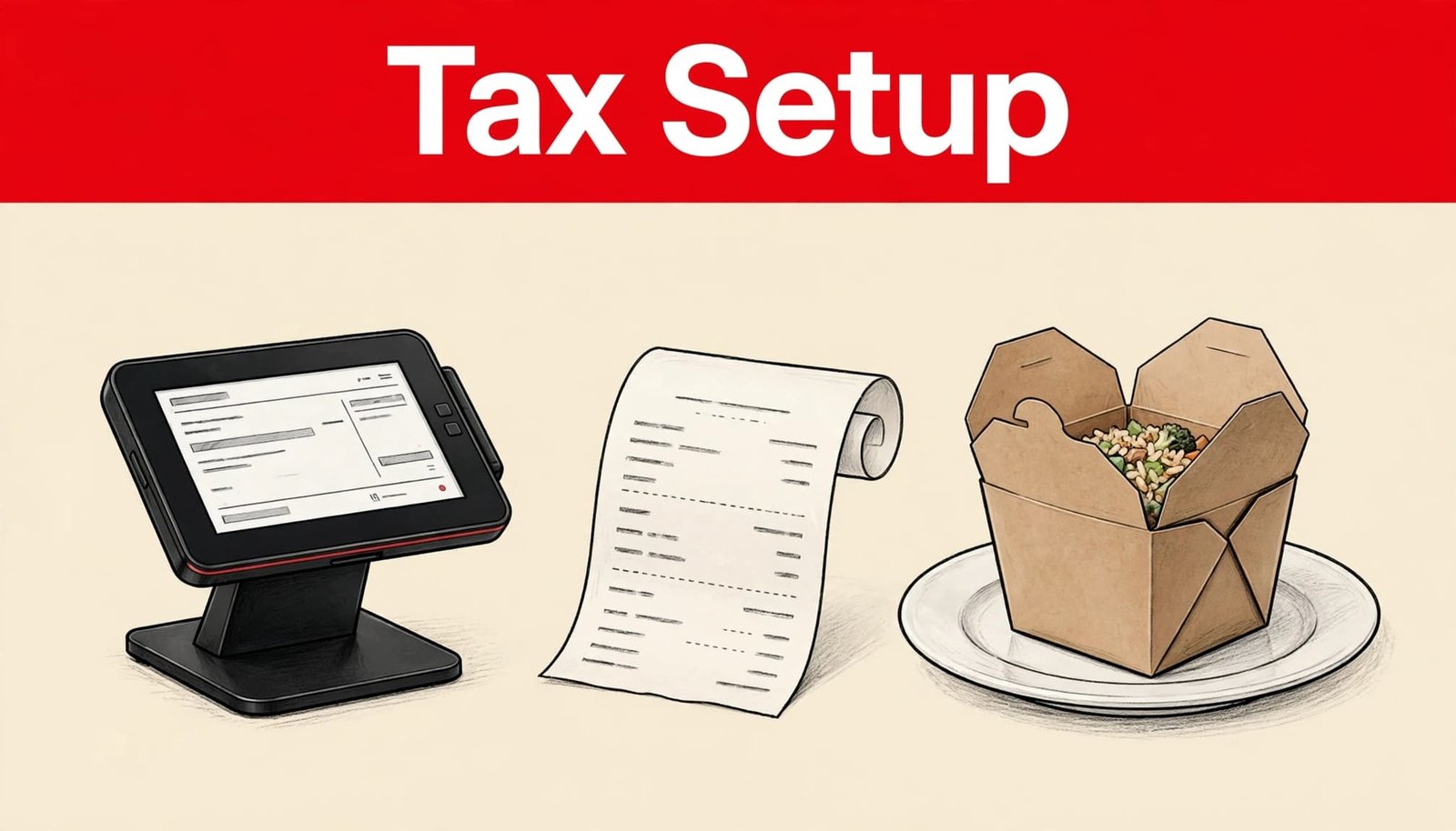 A POS terminal, receipt, and plate of takeout food sit beneath a red 