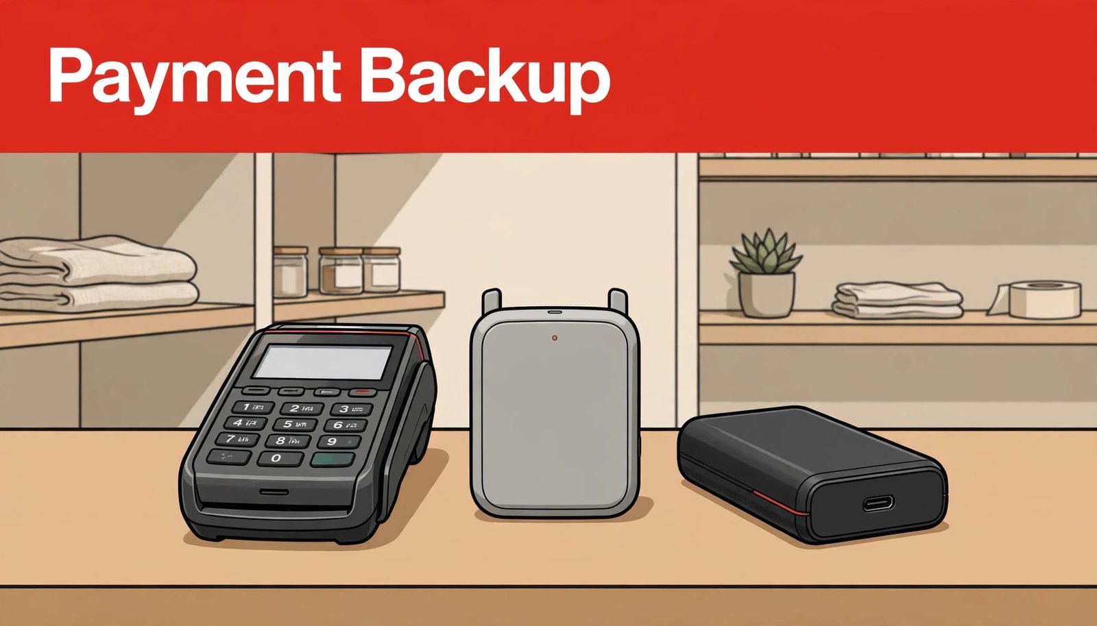A card terminal, hotspot, and backup battery sit beneath a red Payment Backup headline.