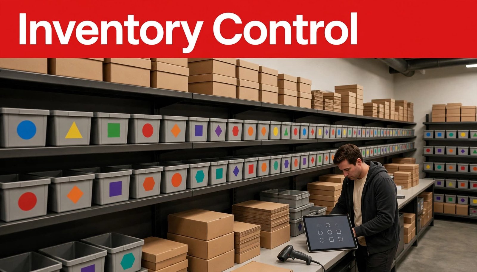 A worker scans colored inventory bins beside a tablet in a tidy stockroom.