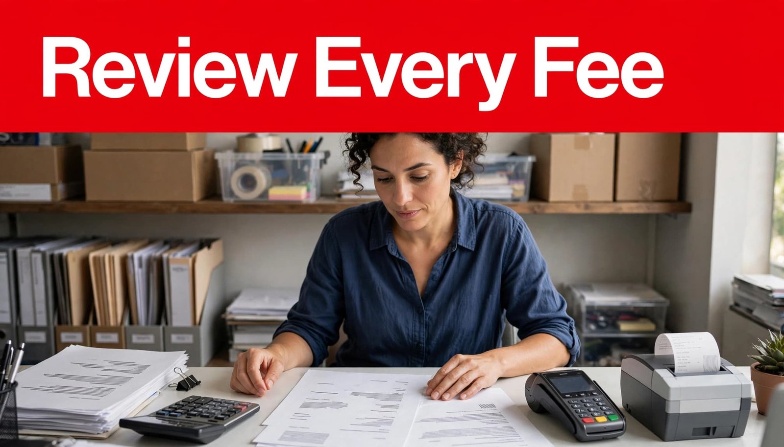 Business owner reviews papers beside a payment terminal, calculator, and receipt printer.