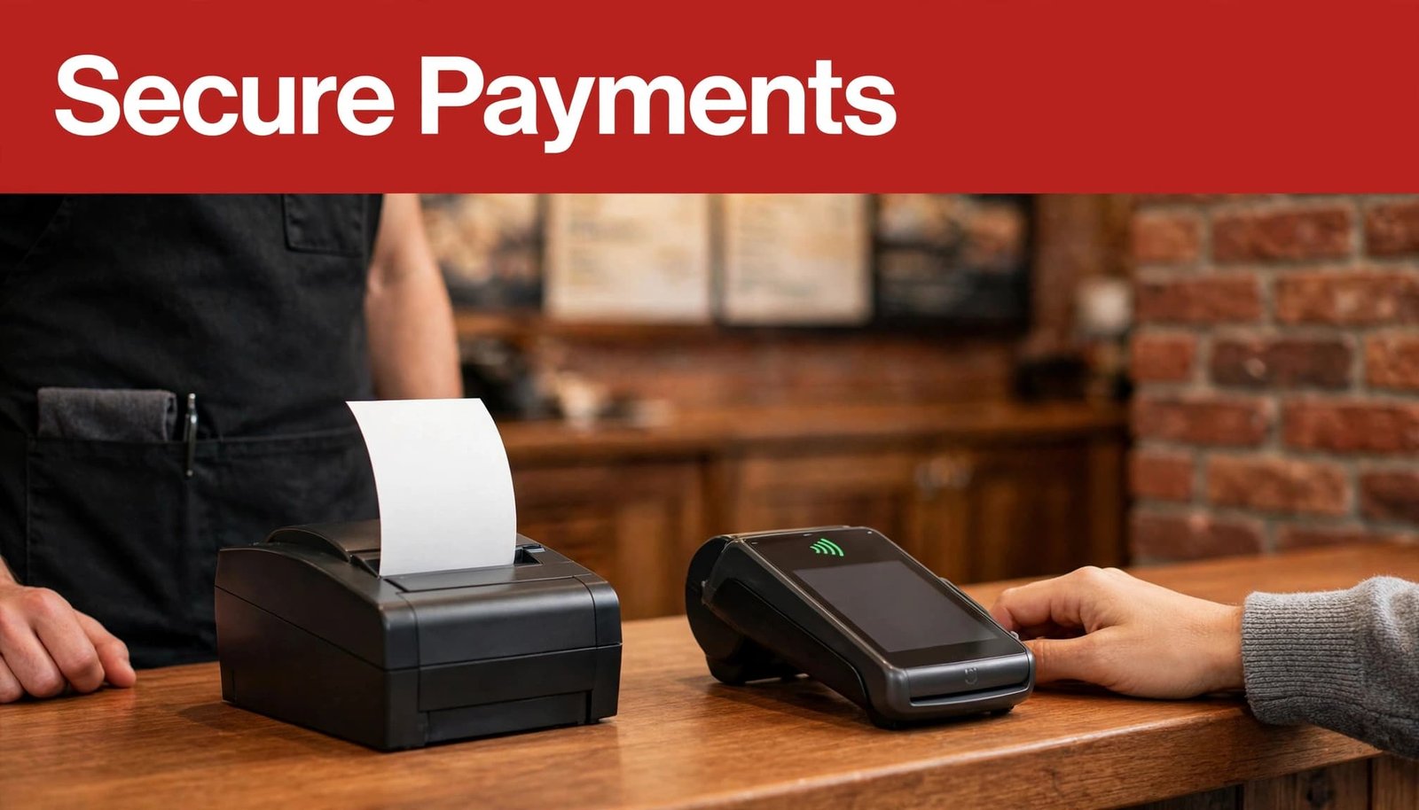 A hand uses a card terminal at a restaurant counter beneath a Secure Payments banner.