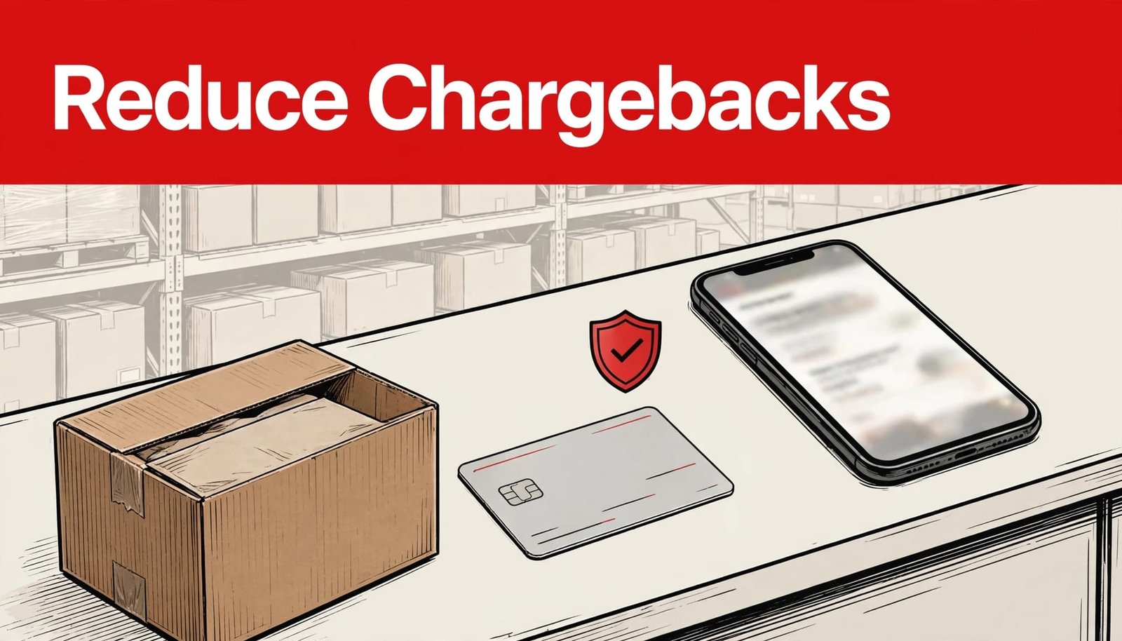 A shipping box, payment card, blurred phone screen, and shield on a warehouse table.