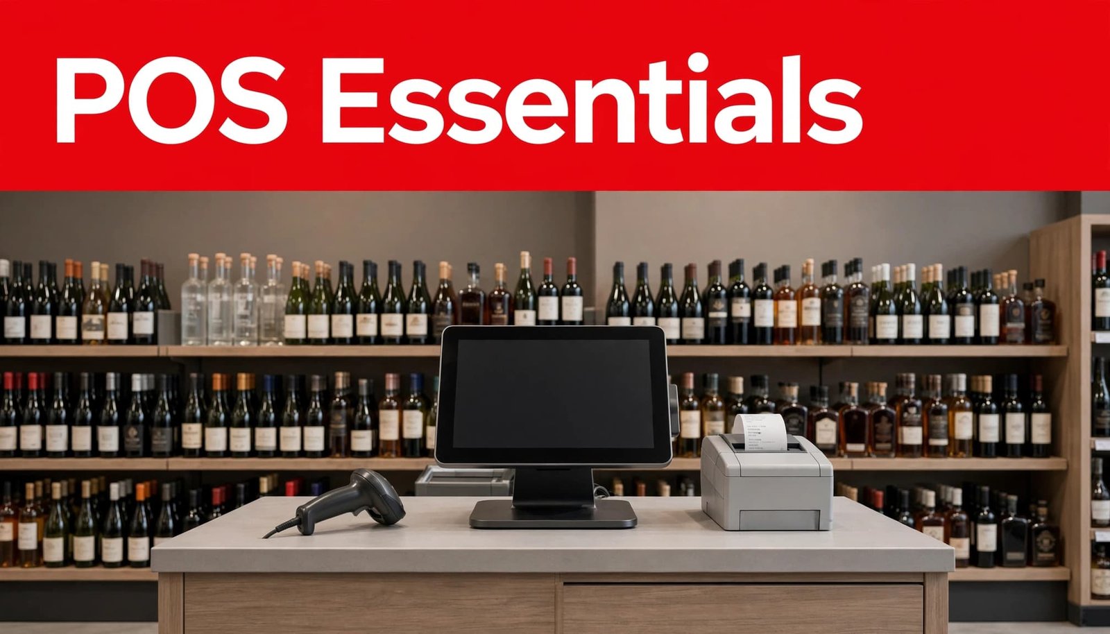 Modern liquor store checkout with a touchscreen terminal, scanner, printer, and bottles behind it.