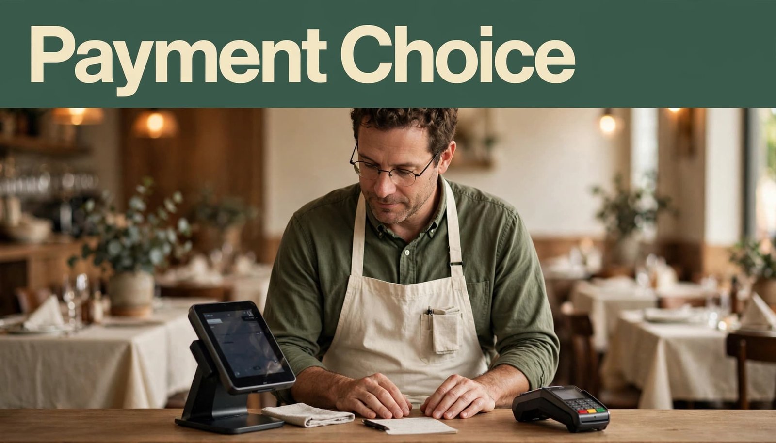 Restaurant owner comparing a POS terminal and handheld card reader at a host stand.