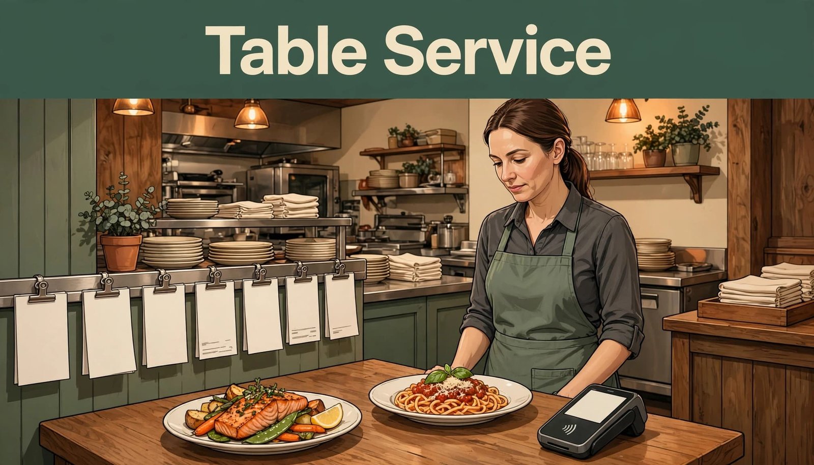A server stands beside a table with plated meals and a contactless payment device.