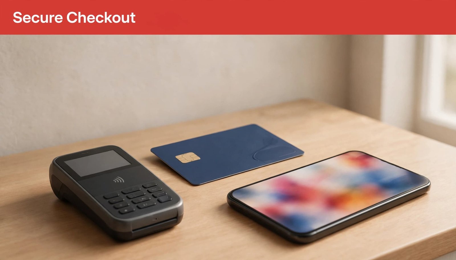 A payment terminal, a bank card, and a smartphone on a wooden counter under a red banner reading Secure Checkout.