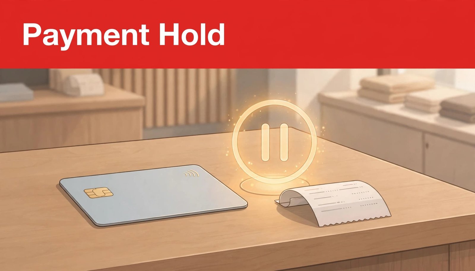 An illustration with the headline Payment Hold showing a credit card, a glowing pause symbol, and a receipt on a counter.