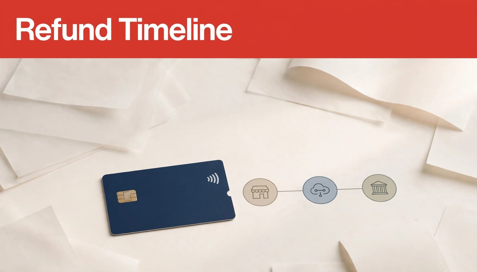 A red banner with the text Refund Timeline above a dark blue credit card and a three-stage payment flow.