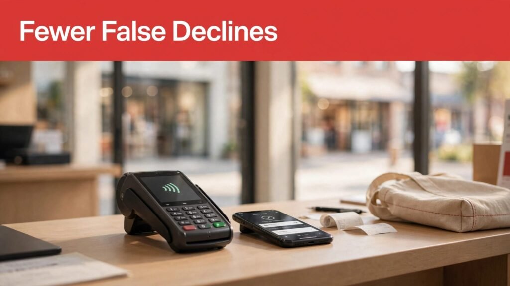 A card terminal and smartphone on a retail counter beneath a red headline band.