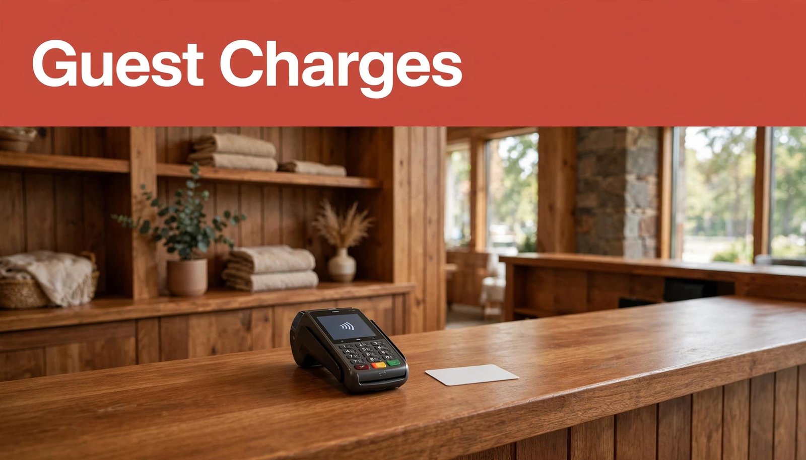 A payment terminal and room key card sit on a wooden hotel counter beneath a red headline strip.