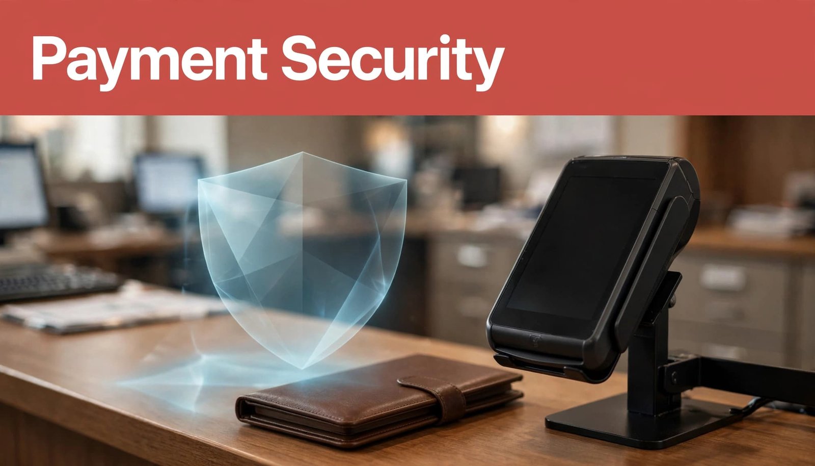 A hotel payment terminal and closed folio sit beneath a red Payment Security banner.